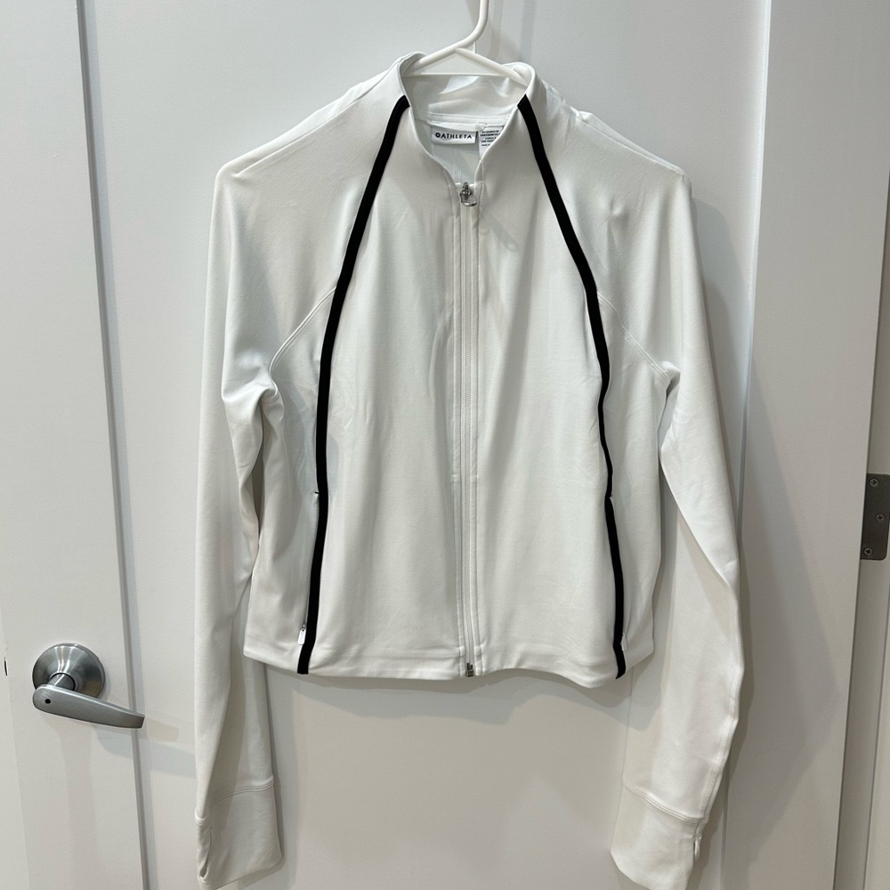Athleta White Bomber Jacket with Black Trim